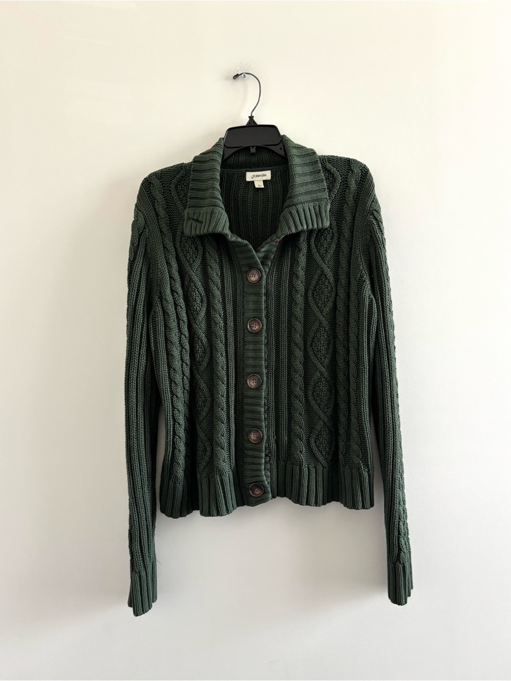 VTG St. John’s Bay Cable Knit Cardigan Sweater Green Womens L Preppy Granola 90s